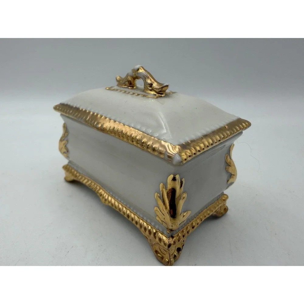 Vintage Miniature Porcelain Trinket Box White Gold Gilt Footed Casket 2.25
